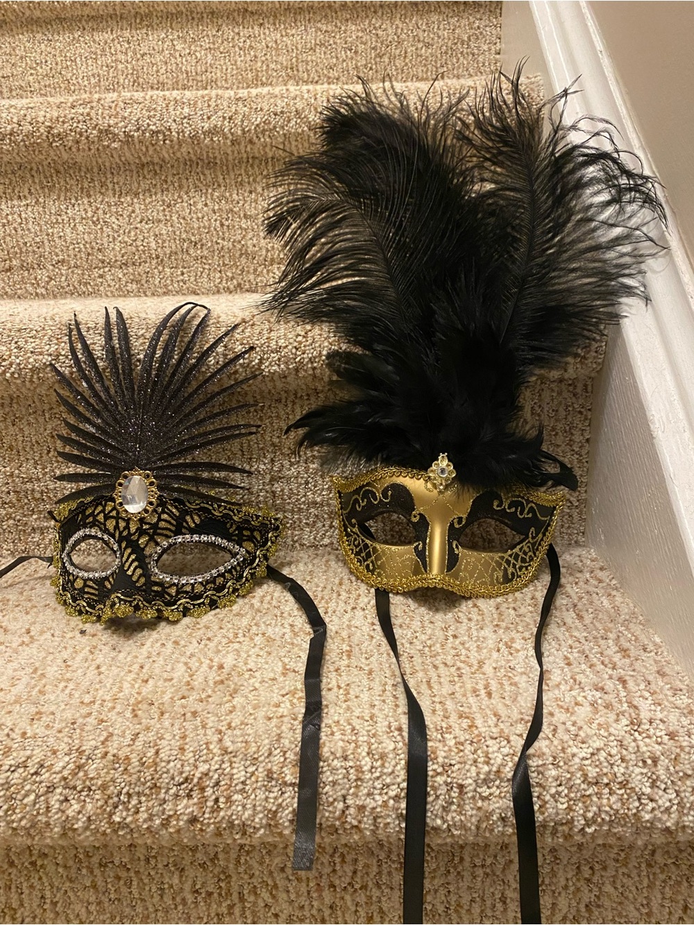 Like New Black & Gold Venetian Masquerade Masks with Feather Accents